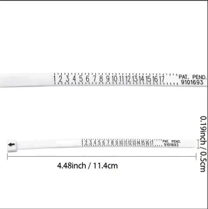 Plastic ring sizer measuring tool belt with clear size scale 1-17 for accurate ring size.