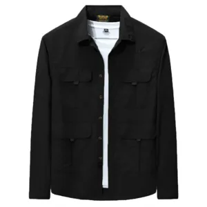 Men's black long sleeve cargo shirt casual utility button down outdoor streetwear