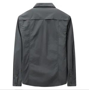 Men's long sleeve solid dark gray casual workwear shirt with buttoned cuffs for outdoor.