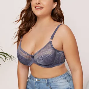 Detailed view of women ultra thin underwire semi sheer lace bra in elegant grey purple.