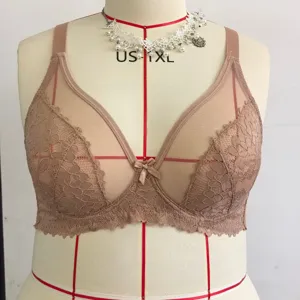 Beige sheer lace thin bra with underwire, unlined breathable mesh plus size lingerie.