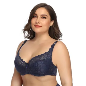 Plus size lace wired full cup bra detail view showing support, strap and soft fabric.