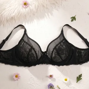 Women Sexy Transparent Lace Bra Underwire Thin Non Padded Breathable Mesh Push Up Large Cup Lingerie Bra