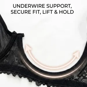 Black lace underwire bra with breathable mesh, offering secure fit, lift and support.