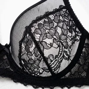 Sexy sheer black lace underwire bra with breathable mesh for women push up support