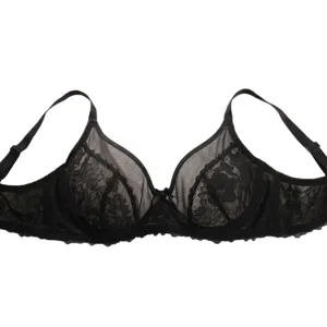 Black lace sheer unlined underwire bra, sexy sheer mesh push-up lingerie top for women.