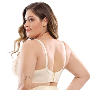 Vista dettagliata di un reggiseno in pizzo beige taglia comoda con ferretto e supporto.