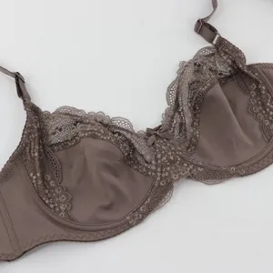 Vista ravvicinata dettagliata del reggiseno a coppe intere in pizzo ultra sottile con ferretto.