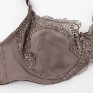 Primo piano dettaglio di coppa reggiseno in pizzo taglia forte marrone ed elegante.
