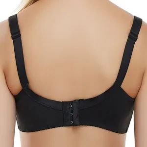 Comfortabele zwarte plus size bh voor vrouwen getoond van achteren met verstelbare bandjes.
