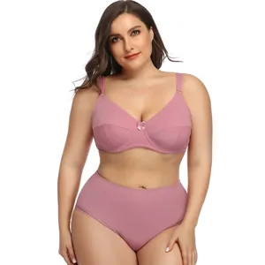 Plus size seamless pink bra and panty set, comfortable thin cup lingerie for women.