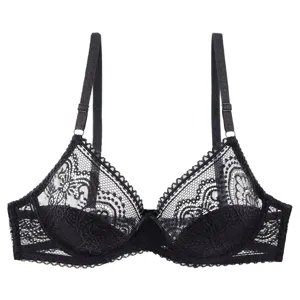 Detailed view of elegant black lace underwire bra with sheer floral cups and thin straps.