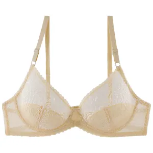 Beige sheer lace underwire bra with thin cups, comfortable French style lingerie.