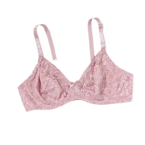 Comfortable plus size thin lace bra for women, full cup breathable design, elegant pink style.