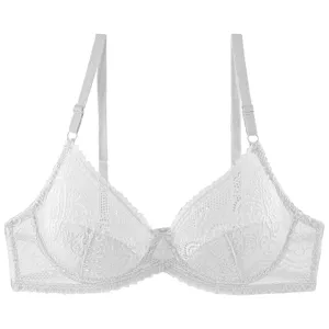 Detail view of a white lace unlined underwire bra showcasing delicate floral patterns and straps.