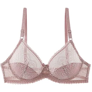 Detail view of the ultra-thin cup wired semi-sheer lace bra, showcasing delicate floral patterns.