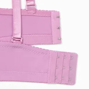 Pink bra back closure detail, comfortable seamless push-up bra strap and hook design.