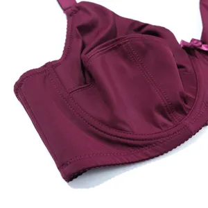 Wine red plus size bra detail, comfortable full coverage supportive undergarment for women