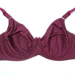 Plus size full cup bra detail shot, wine red thin adjustable straps supportive design.