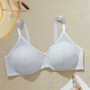 Plus size lace unlined bra for women sexy sheer floral design everyday underwear detail.