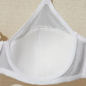 White plus size lace bra cup detail close up showing ultra thin breathable mesh and soft lining.