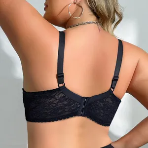 Detail close up of plus size black lace bra featuring adjustable straps and back hook closure.