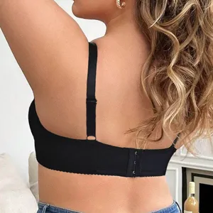 Detailed view of women's plus size black bra back strap, adjustable comfortable fit.