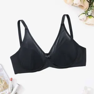 Black unlined sheer bra with underwire, large cup design, soft breathable mesh fabric comfort.