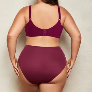 Plus size smooth bra and panties set in wine red, comfortable wired design for daily wear.