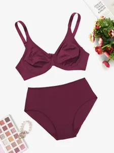 Plus size smooth bra and panties set, unlined thin underwire lingerie in wine red.