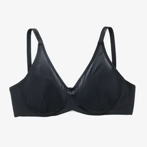 Plus size black semi-sheer underwire bra with thin sponge cups and dainty bow accent.