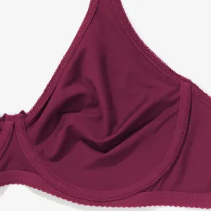 Plus size unpadded bra cup detail, wine red thin underwired comfortable underwear cup.