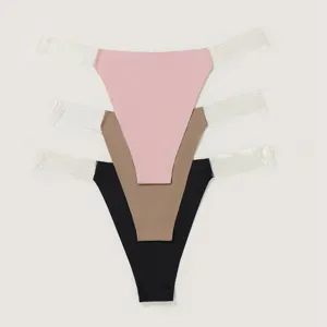 Women seamless low-waist thong panties with transparent side straps, 3-pack solid color.