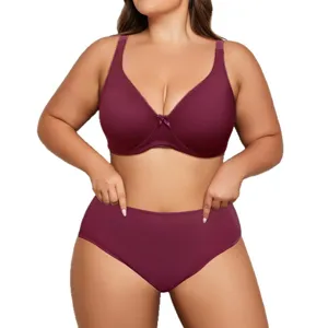 Plus size smooth bra and panties set undergarment wine red comfortable wire-free support