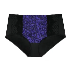 Detailed close-up view of women's purple floral lace center panel and black brief underwear.