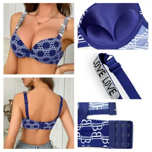 Womens Luxury Lace Embroidery Push Up Bra Rhinestone Letter Straps Underwire Gathered Lift Up Nylon Underwear For Lady