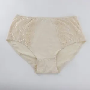 Women mid-waist briefs comfortable breathable panties with elegant side lace panels beige
