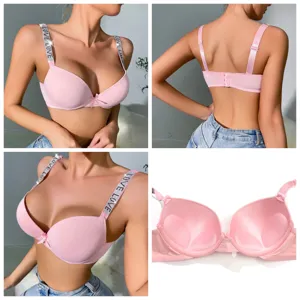 Women pink push up bra with rhinestone love straps sexy underwear comfortable lingerie