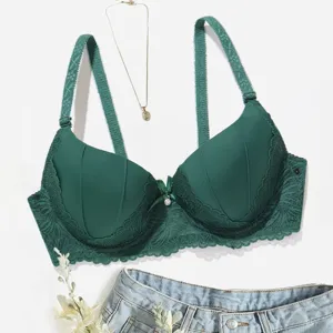 Dark green lace push-up bra with delicate bow and floral fringe, comfortable fit.