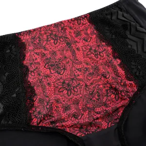 Detailed view of women lace mid-waist briefs, featuring intricate red and black floral patterns.