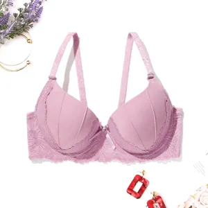 Detailed view of the purple lace push-up bra, featuring delicate lace trim and ribbon.
