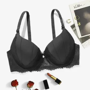Women black lace push up bra with removable straps comfortable breathable underwire lingerie