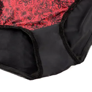 Detailed close-up of women's red and black lace mid-waist panties with soft comfortable fabric.