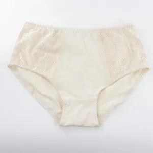 Women lace detail mid waist briefs close up shot showing soft breathable fabric paneling.