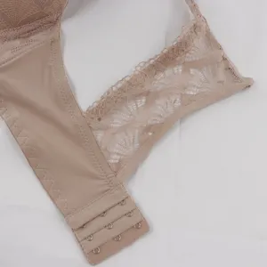 Nahaufnahme von Damen Spitzen-BH-Rückseite und Hakenverschluss, bequemer nudefarbener Stoff.