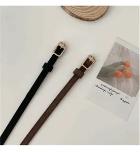 Minimalist thin waist belt set featuring sleek metal square buckles, elegant women accessories.
