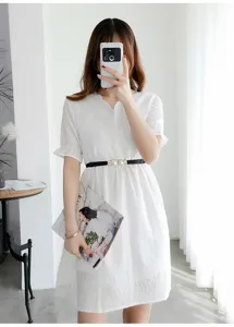 Women thin elastic waist belt with elegant double pearl decorative buckle for dresses apparel accessories