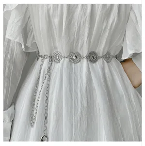Silver metal waist chain with delicate carved round medallions, perfect for dresses and suits.
