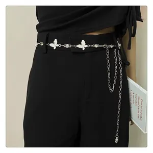 Chic silver butterfly waist chain for women, stylish metal belt for dresses and pants.