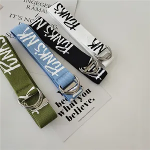 Unisex canvas belt with double ring buckle, trendy letter print student jeans waist strap.